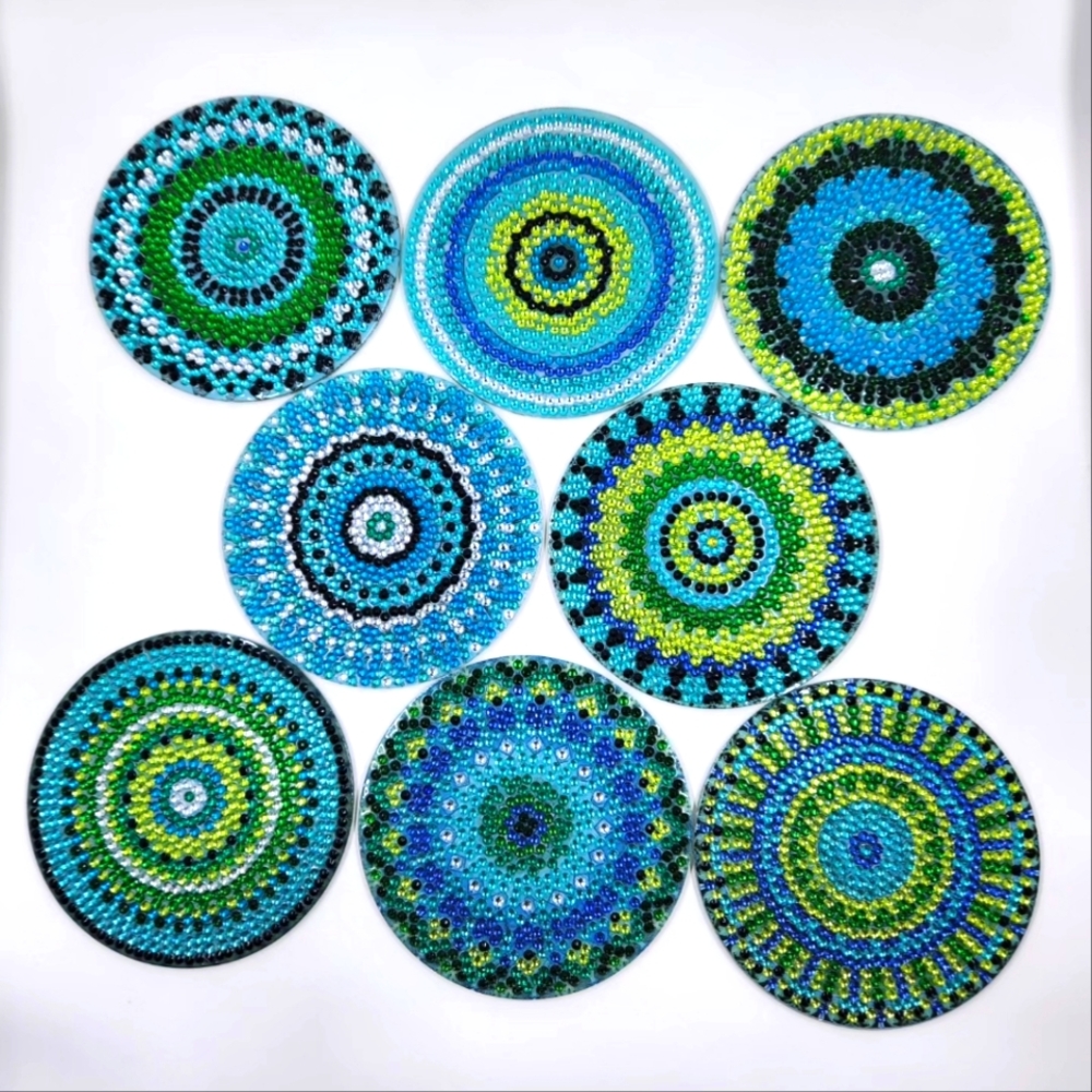 8 Mandala Coasters Handmade with Diamond Art Waterproof with cork bottom & stand